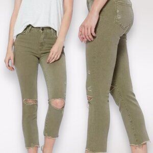 Paige Hoxton Slim Crop Jeans Sage Green Distressed Raw Hem Size 24